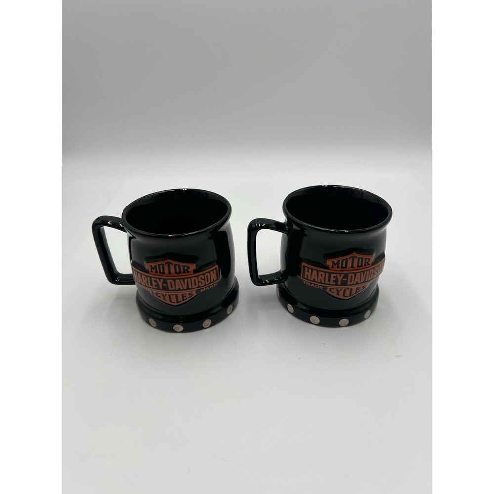 Harley Davidson Coffee‎ Mug Set Black Bar Shield Logo Studded Base Pair
